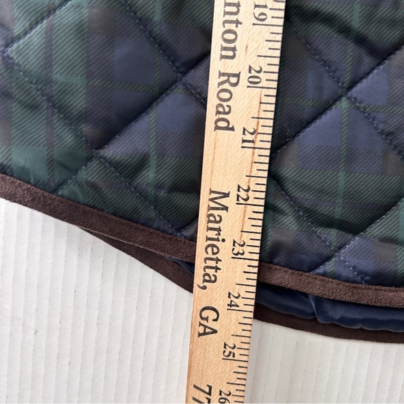 British Khaki Plaid Quilted Zip Vest Blue Green Women's L fur collar snap pocket - Picture 6 of 10